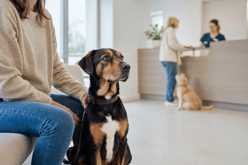 Ein Polnischer Laufhund sitzt ruhig neben seinem Besitzer im hellen Wartezimmer einer modernen Tierarztpraxis.